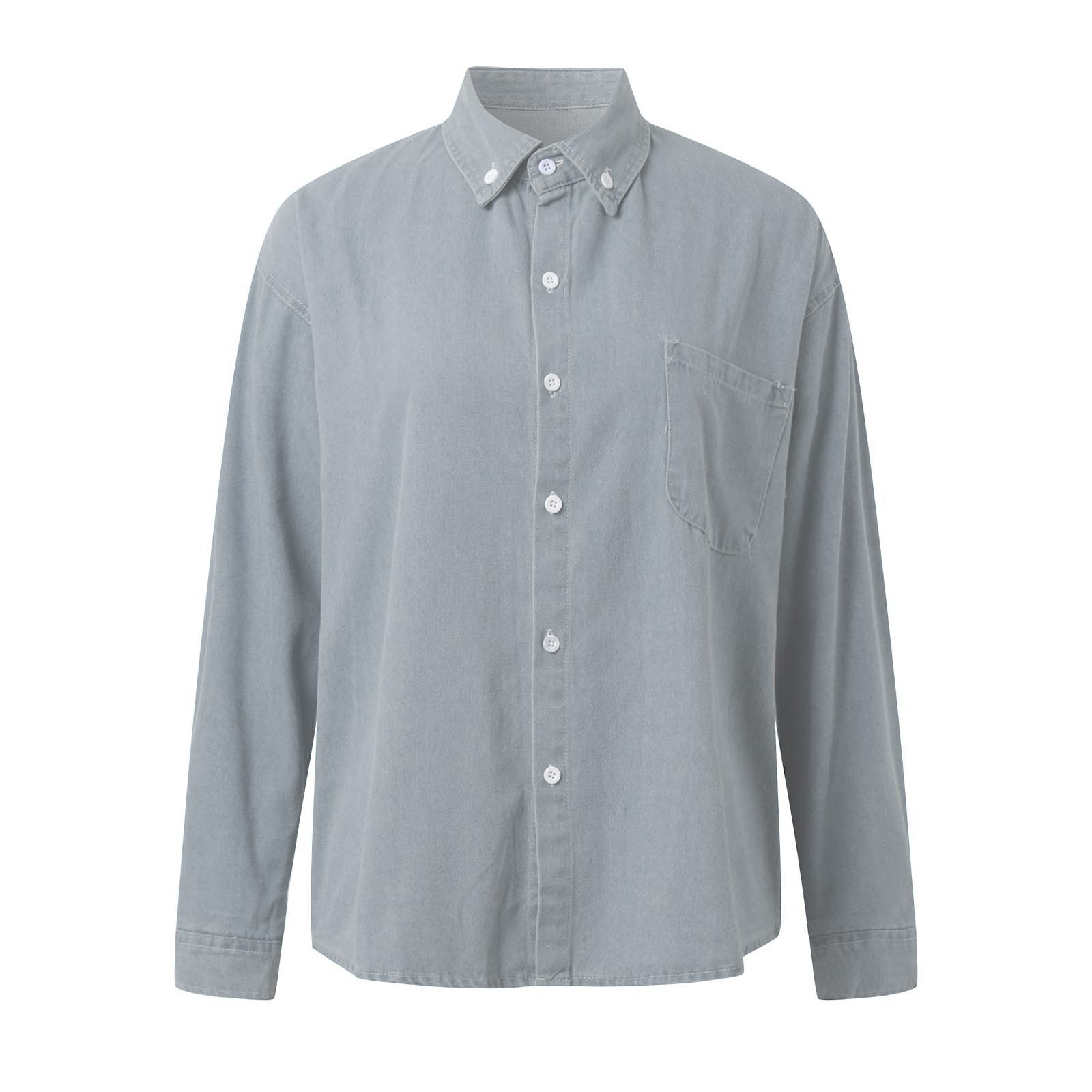 thumbnail image 5 of Blusa vaquera con botones para mujer: manga larga, cuello en V, estilo boyfriend, corte holgado informal, 5 of 5